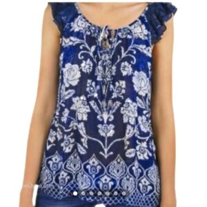 Soft Surroundings Bila blue white floral ruffle sleeve chiffon tunic top S